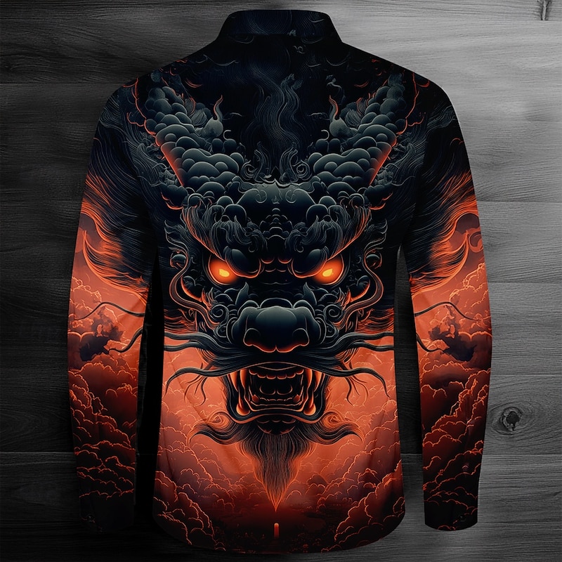 Men's Dragon Button Up Shirt Long Sleeve Fashion Casual Dark Party Evening Wear Street Daily Fall Winter Spring & Summer Shirt Collar Button Up 3D Print Black2