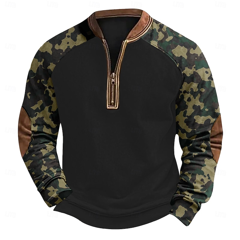 Men's Sweatshirt Quarter Zip Sweatshirt Black Dark Green Camouflage Green Gray Half Zip Color Block Camo / Camouflage Half Zip Print Casual Daily Holiday Polyester Vintage Streetwear Casual Fall