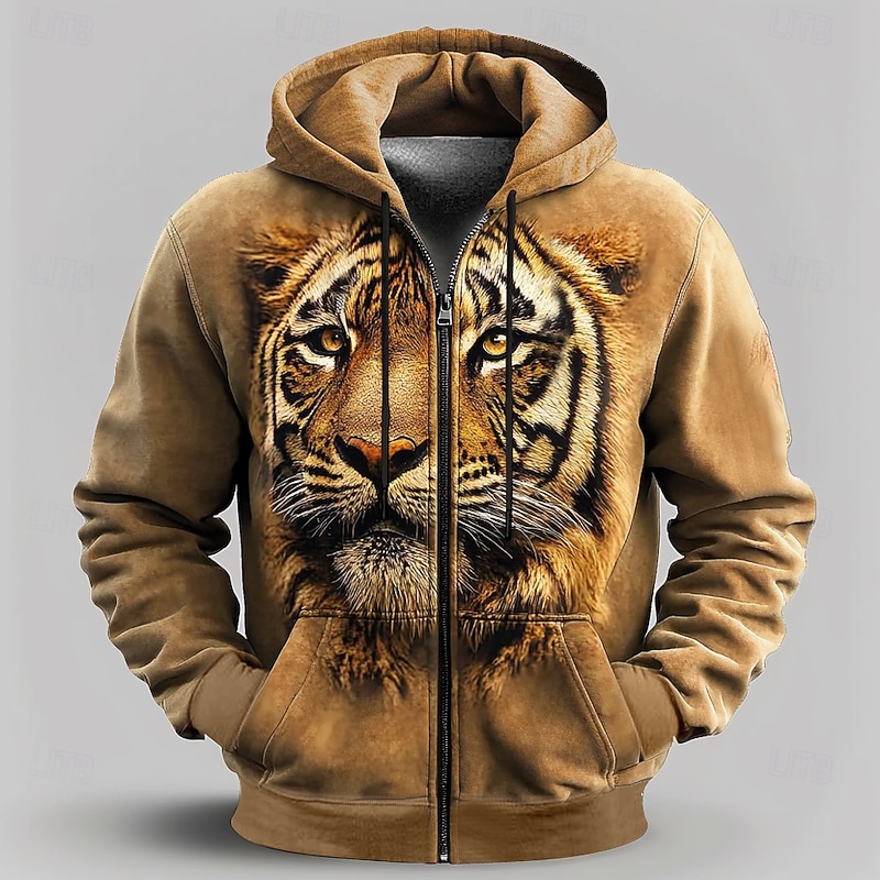 Men's Tiger Hoodies Fashion Cool Long Sleeve Hooded Vacation Going out Streetwear Brown Drawstring Zipper Fall Winter Designer