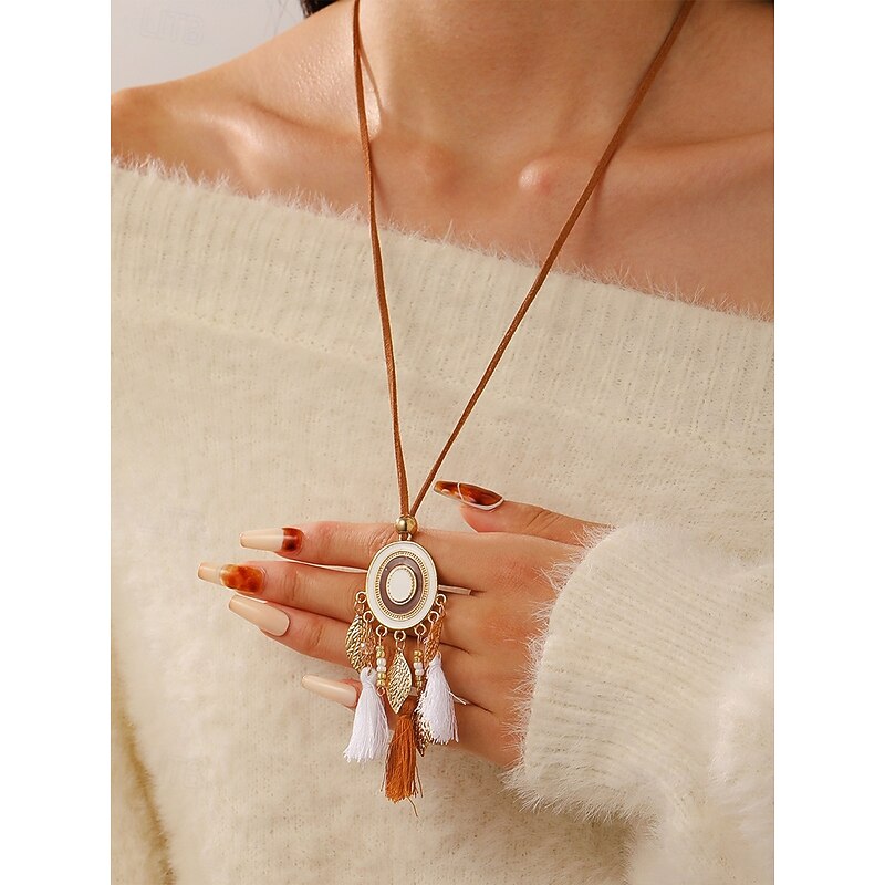 Women's Boho Tassel Necklace with Leather Cord and Dreamcatcher Pendant - Perfect for Festivals and Bohemian Style - Main Image