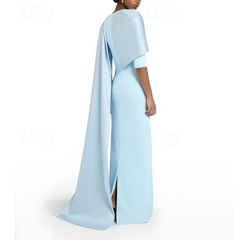 Beach Wedding SkySheath Evening Gown ElegantDress Formal Wedding Floor Length 3/4 Length Sleeve Jewel Neck Stretch Crepe with Slit Shawl2