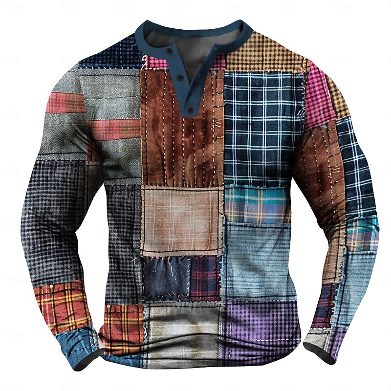 Men's Patchwork Henley Shirt Long Sleeve Shirt Long Sleeve 3D Printing Designer Retro Vintage Casual Street Casual Daily Winter Spring &  Fall Red Blue Dark Blue Henley Collar Button Henley Henley