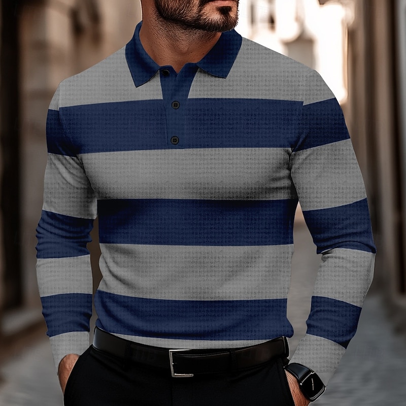 Men's Striped Waffle Polo Shirts Golf Shirt Long Sleeve Polo Shirts Collared Shirts Casual Business Casual Home Office Dailywear Buttons 3D Print Spring Fall Winter Black And White Blue Gray3
