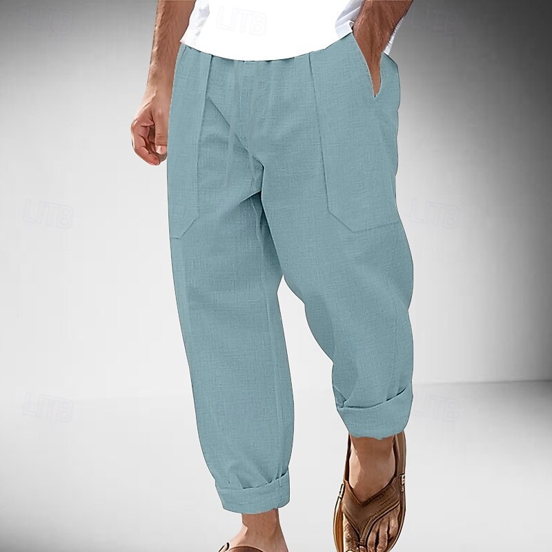Men's Linen Pants Trousers Summer Pants Drawstring Elastic Waist Straight Leg Plain Comfort Breathable Full Length Outdoor Casual Daily Fashion Classic Style Black White2