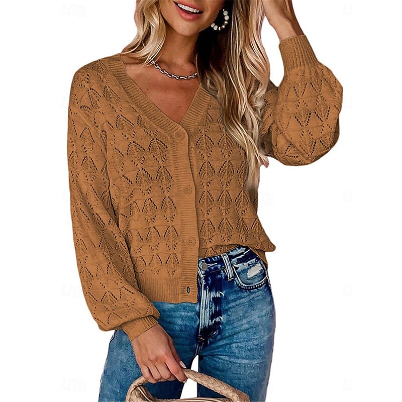 Women's Sweater Cardigan Casual Soft Pure Color Crochet V Neck Buttons Pocket Knitted Long Sleeve Regular Tops Knit Outdoor Daily Weekend Green Khaki Summer Spring4