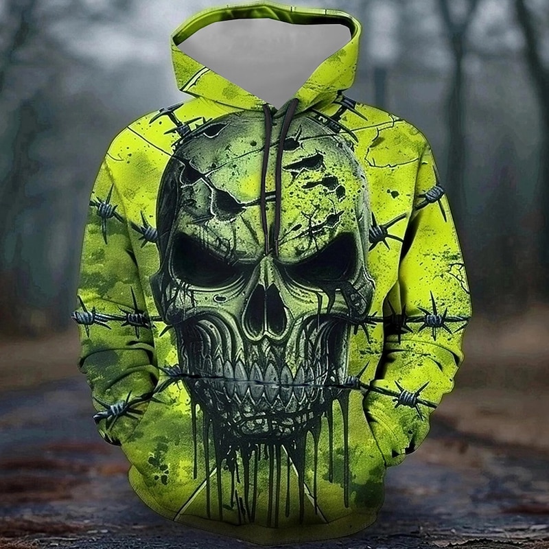 Men's Skulls Hoodies Sweatshirt Fashion Cool Long Sleeve Crew Neck Party Holiday Streetwear Green Drawstring Fall Winter Designer