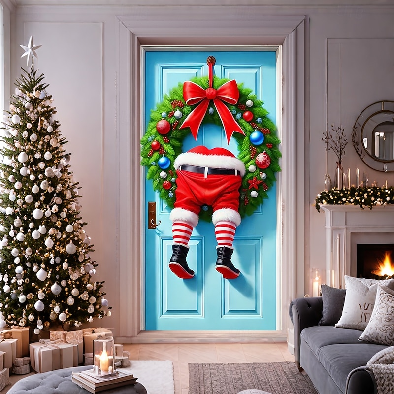 Christmas Door Decorations Door Covers Xmas Santa Steal Wreath Leg Door Tapestry Door Curtain Decoration Backdrop Indoor/Outdoor Door Banner for Front Door Farmhouse3