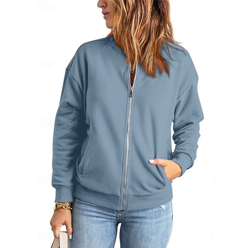 Women's Bomber Jacket Outdoor Street Daily Wear Fall Winter Short Coat Regular Fit Thermal Warm Breathable Stylish Casual Jacket Long Sleeve Plain with Pockets Full Zip Blue Green Apricot3