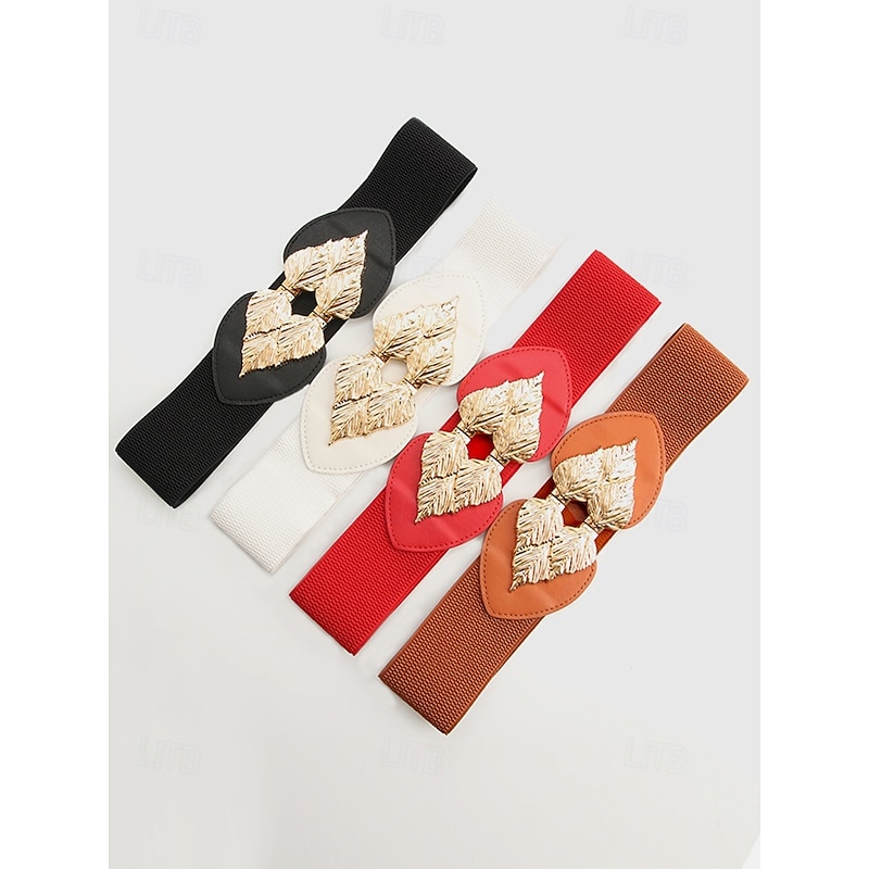 Women's Chic Black Elastic Waist Belt with Gold Leaf Buckle – Stylish Accessory for Dresses and Formal Outfits