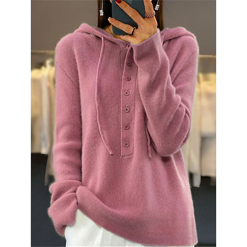 Women's Sweater Casual Soft Pure Color Ribbed Hooded Buttons Knitted Long Sleeve Regular Tops Knit Outdoor Daily Weekend Pink Brown Fall Winter3