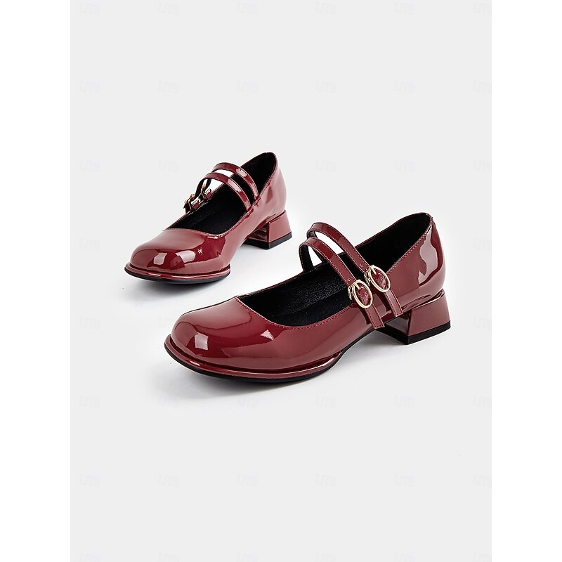 Women's Vintage Double Strap Mary Jane Shoes, Patent Leather Block Heels with Buckle Detail, Perfect for Retro Style and Casual Occasions 5
