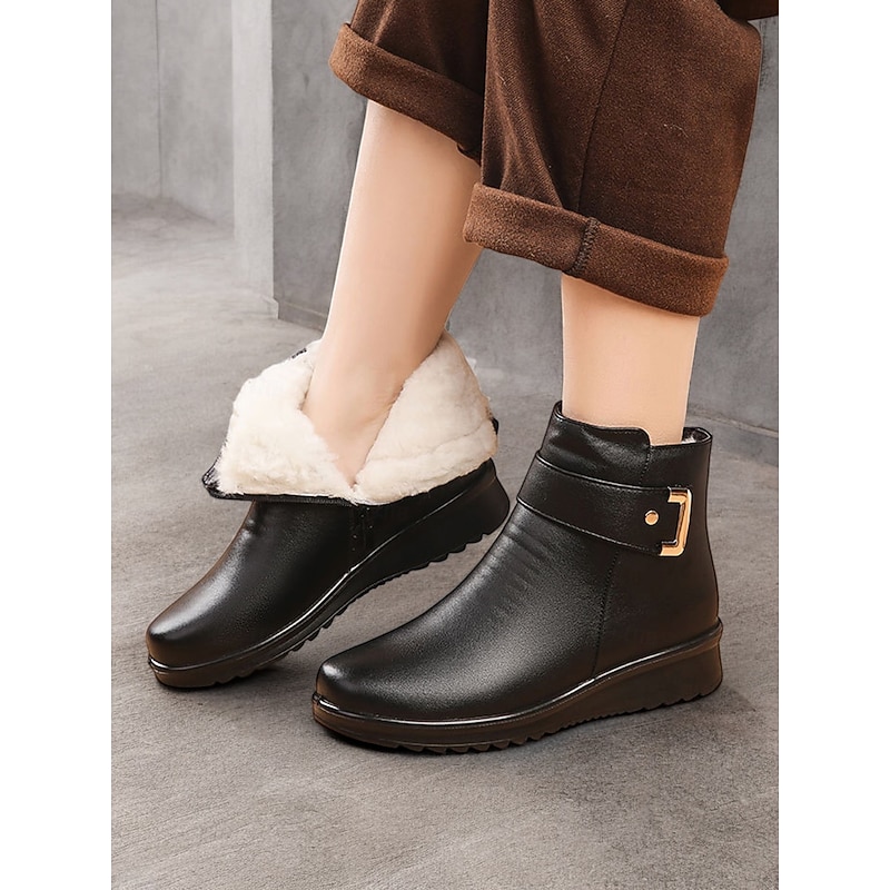Women's Faux Leather Ankle Boots with Faux Fur Lining – Warm, Slip-Resistant Winter Footwear with Buckle Detail4