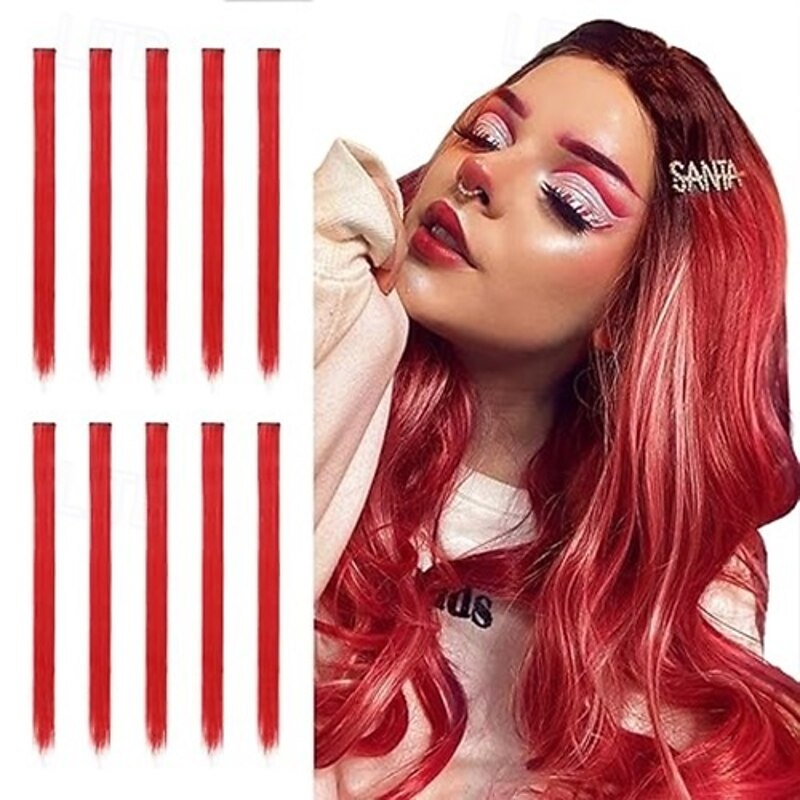 10 Pcs Colored Hair Extensions Party Highlights Colorful Clip in Hair Extensions 17 Inch Curly Wavy Synthetic Hairpieces for Women Kids Girls Halloween Christmas Cosplay