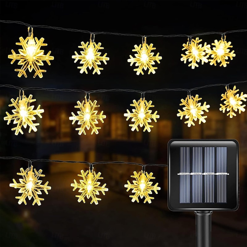 Solar Snowflake String Lights Outdoor Garden Star Fairy Lights Waterproof Festival Wedding Holiday Romantic Double Lights 8 Lighting Modes 100/200LEDs for Christmas Bedroom Courtyard Garden Window Decoration2