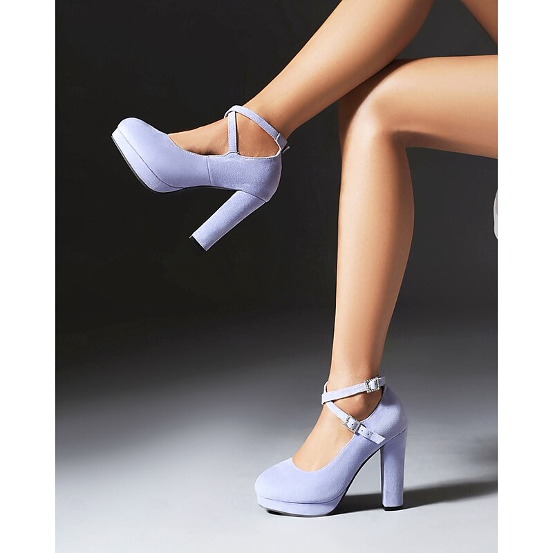 Women's Platform Faux Suede Mary Jane Pumps - Chunky High Heel Shoes with Rhinestone Buckle for Formal Events4