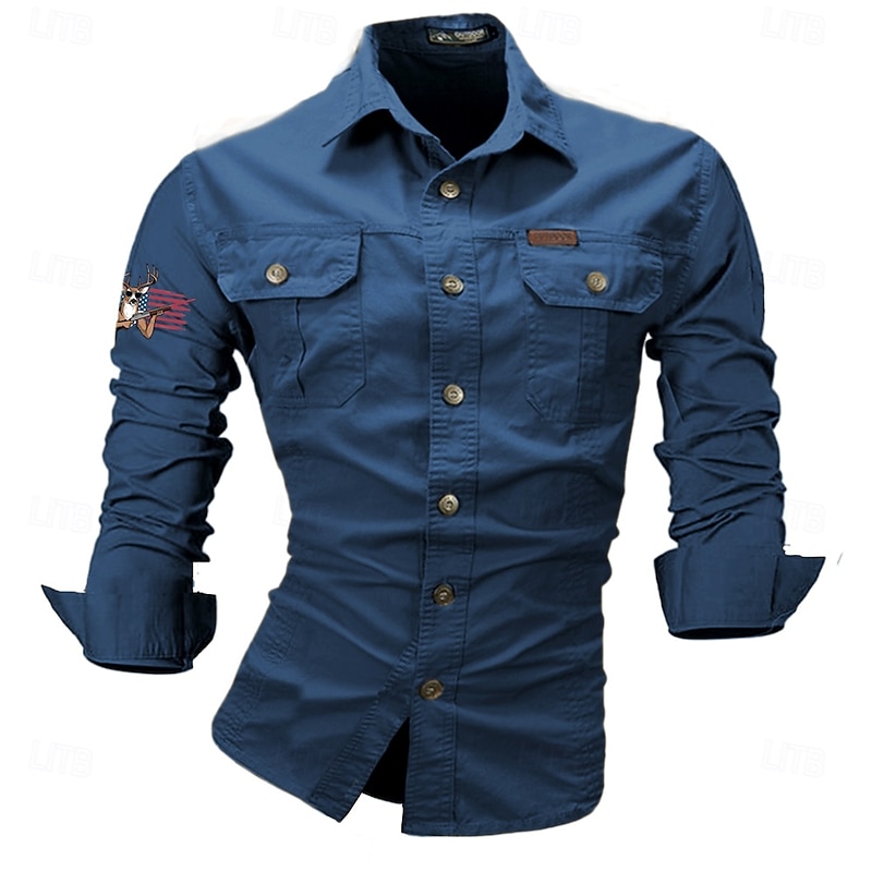 Men's American US Flag Deer Work Shirt Western Shirt Cargo Shirt Long Sleeve Western Casual Sports & Outdoor Going out Hunting Winter Spring &  Fall Turndown Print Black White Red Blue Khaki