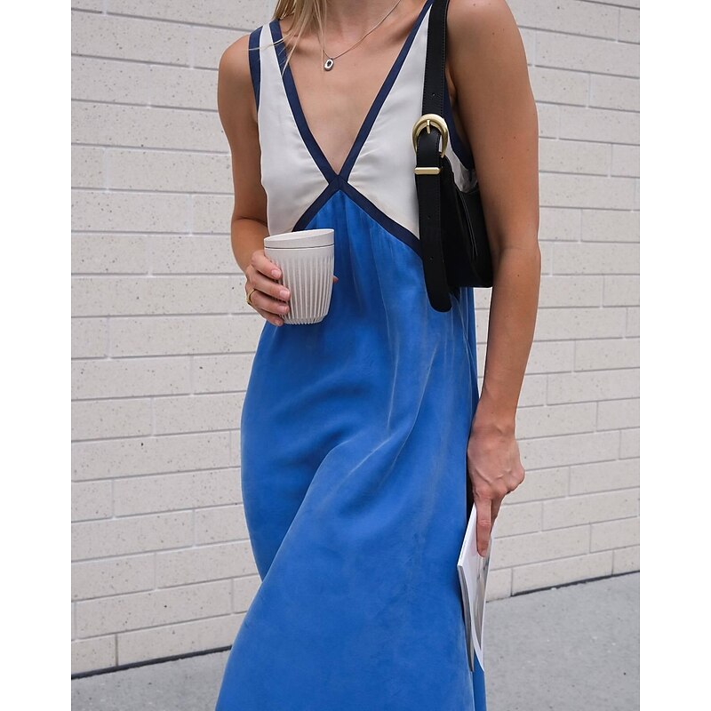Women's Casual Dress Satin Dress Color Block Backless V Neck Midi Dress Stylish Casual Party Date Summer Spring2