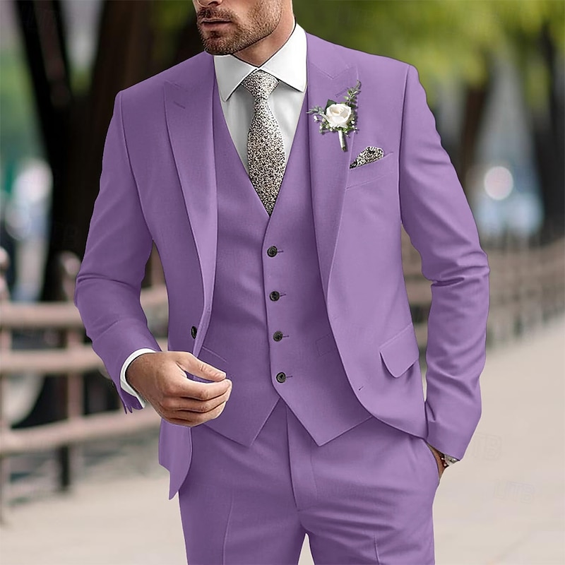 Men's Wedding Party Suits Pink Purple Fashion Business Solid Colored Standard Fit 3 Piece Single Breasted Two-buttons2