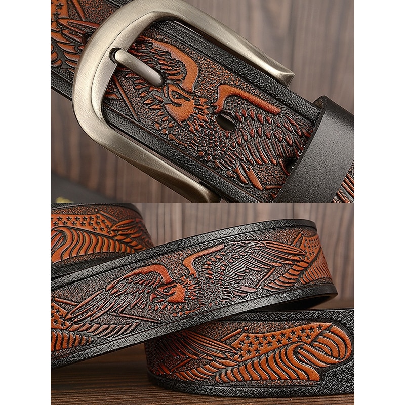 Men's Leather Belt with Engraved American Eagle and Flag Design - Western Style, Durable Vintage Belt for Jeans or Casual Wear2