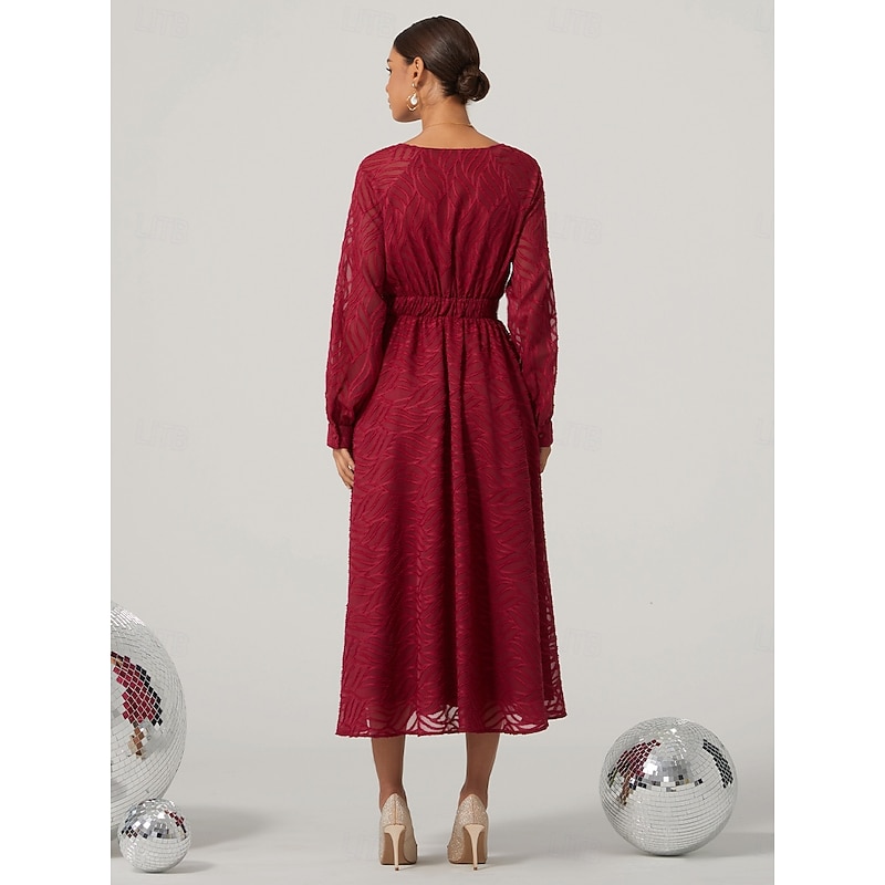 Women's Midi Dress Lace Dress Vintage Dress Elegant Vintage Formal Party Regular Fit Long Sleeve V Neck Wine Fall Winter2