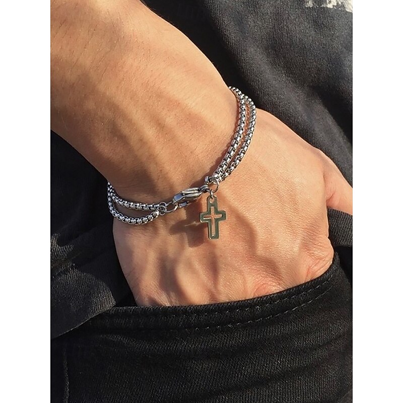 Men's Cross Pendant Bracelet - Double-Layer Chain Design for Religious or Casual Wear2