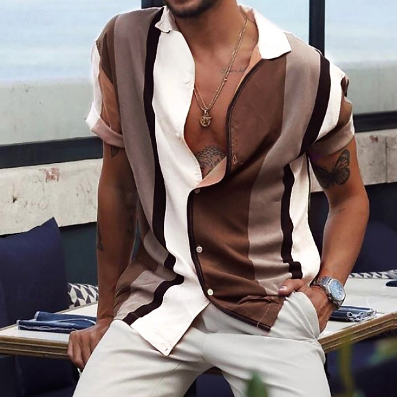 Men's Striped Geometric Pattern Shirt Bowling Shirt Button Up Shirt Short Sleeve Fashion Designer Casual Outdoor Daily Summer Collar Print Button-Down Blue Purple Brown Green