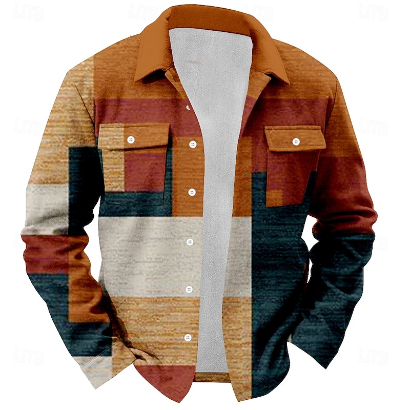 Men's Geometric Shirt Jacket Overshirt Long Sleeve Casual Outdoor Vacation Fall Winter Turndown Button Up Orange