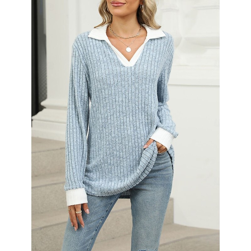 Women's T Shirt Plain Fashion Modern Casual Long Sleeve V Neck Regular Tops Daily Weekend Black Red Blue Fall Winter