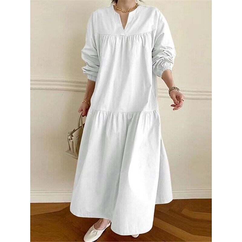 Women's Casual Dress Maxi Dress Ruffle Hem Casual Split Neck Long Sleeve Black White Khaki Color