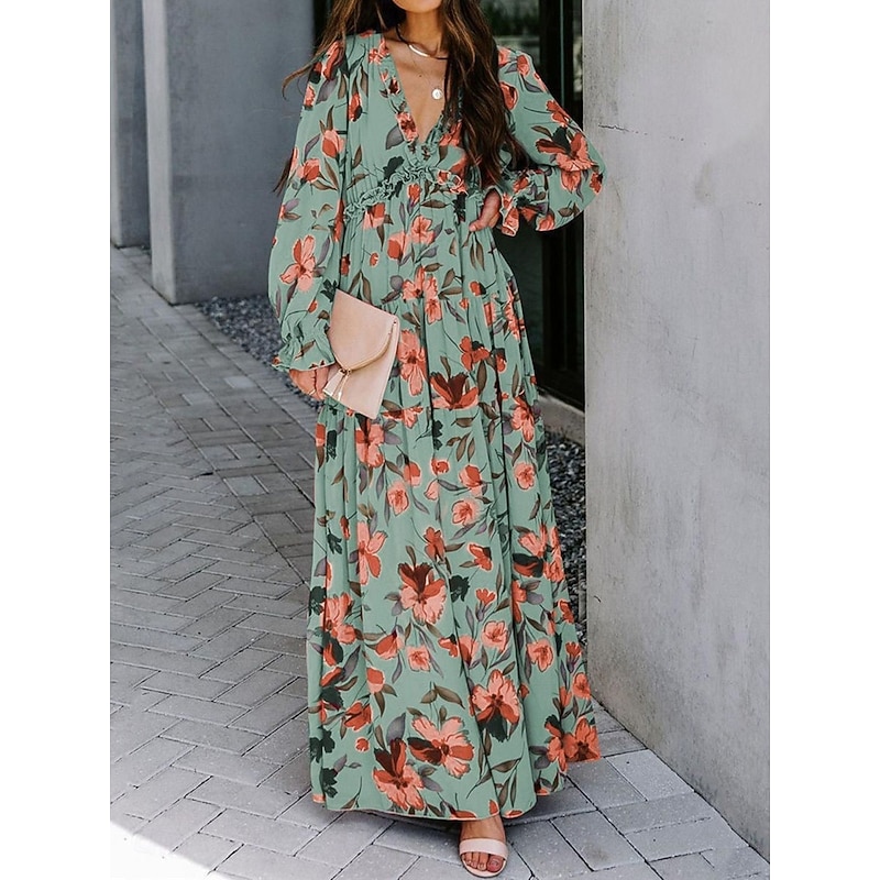 Women's Floral V Neck Maxi Dress Long Sleeve Spring Fall2