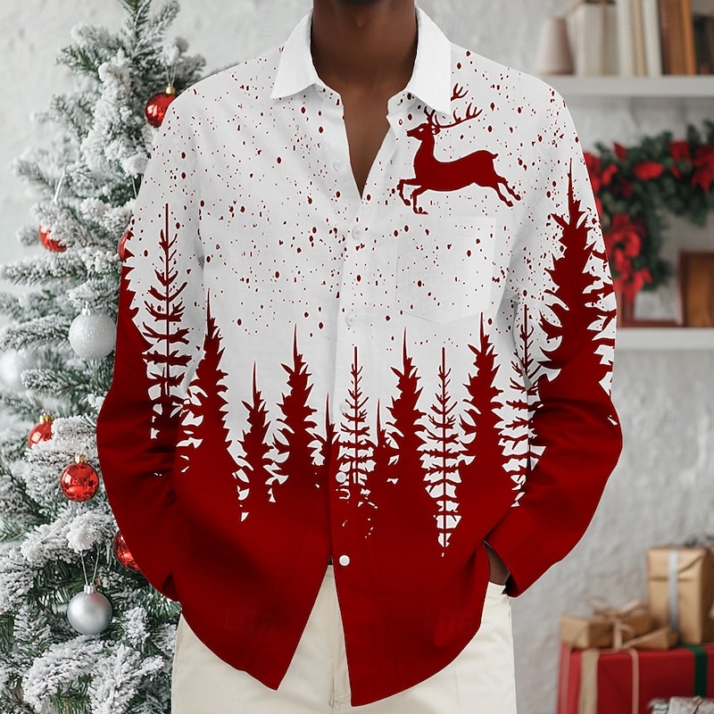 Christmas Men's Santa Claus Rudolph Shirt Beach Shirt Button Up Shirt Long Sleeve Hawaiian Casual Vacation Daily Fall Winter Spring & Summer Collared Shirts 3D Print Red Blue Purple Green Drak Red