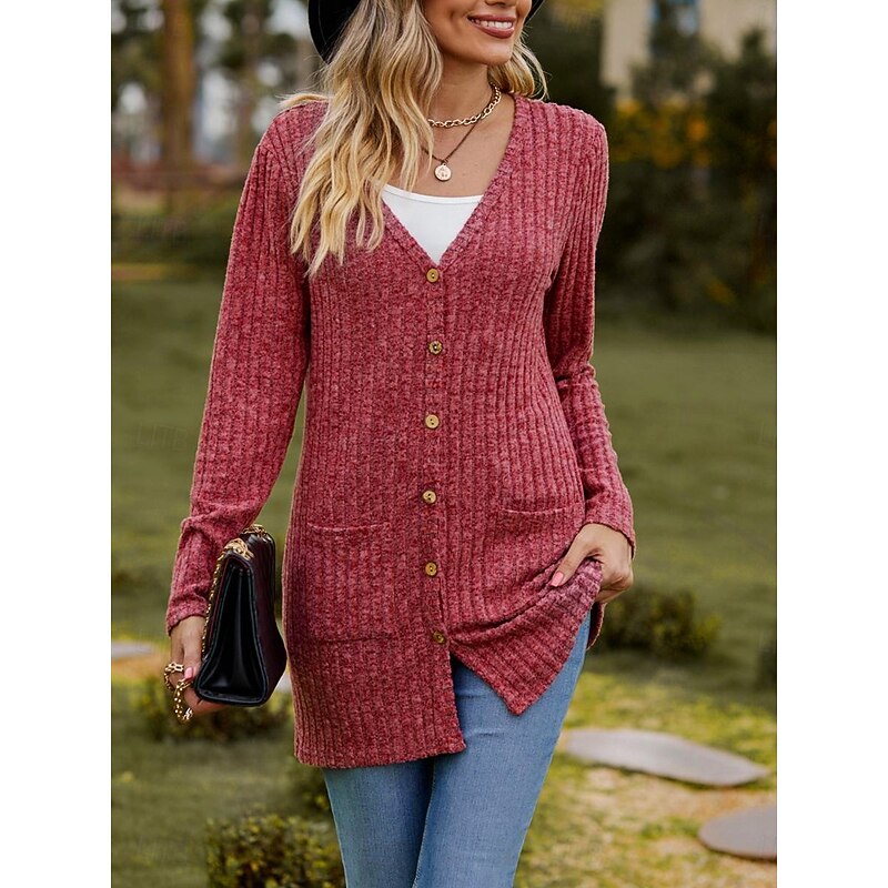 Women's Textured Jackets Cardigan Casual Solid Color Plain Ribbed Asymmetrical V Neck Pocket Buttons Twisted Long Sleeve Regular Tops Knit Daily Wine Army Green Spring Fall3