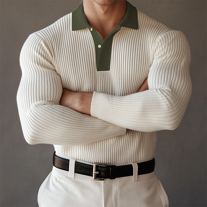 Men's Polo Shirts Muscle Shirt Formal Work Ribbed Polo Collar Long Sleeve Fashion Comfortable Color Block Buttons Summer Spring Fall Slim Fit Light Blue White Green Polo Shirts2