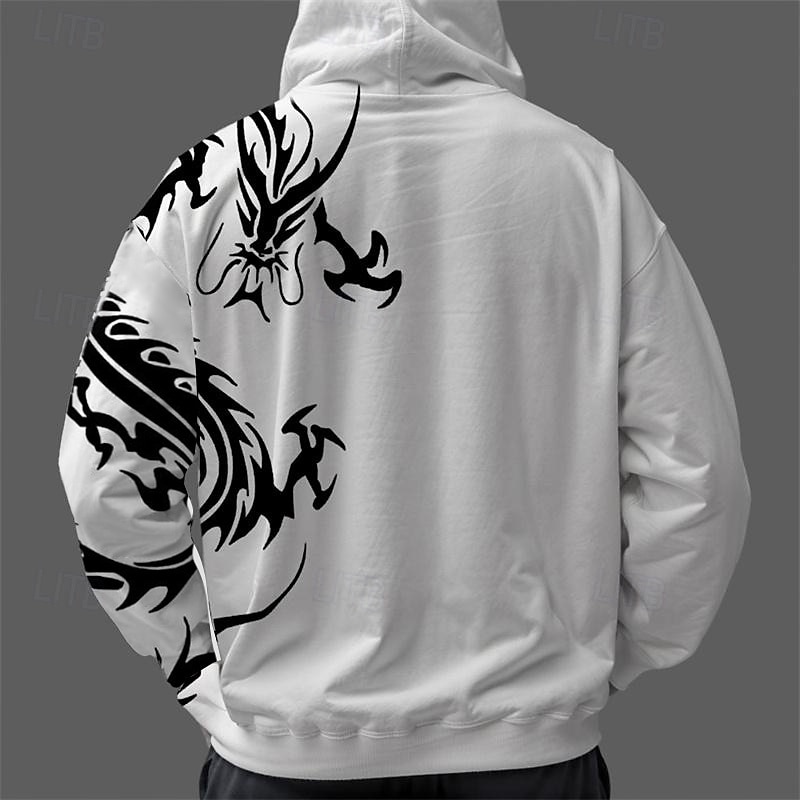 Men's Graphic Dragon Hoodie Hoodies Sweatshirt Fashion Daily Long Sleeve Hooded Vacation Sports Outdoor Holiday Black White Print Front Pocket Spring &  Fall Designer4