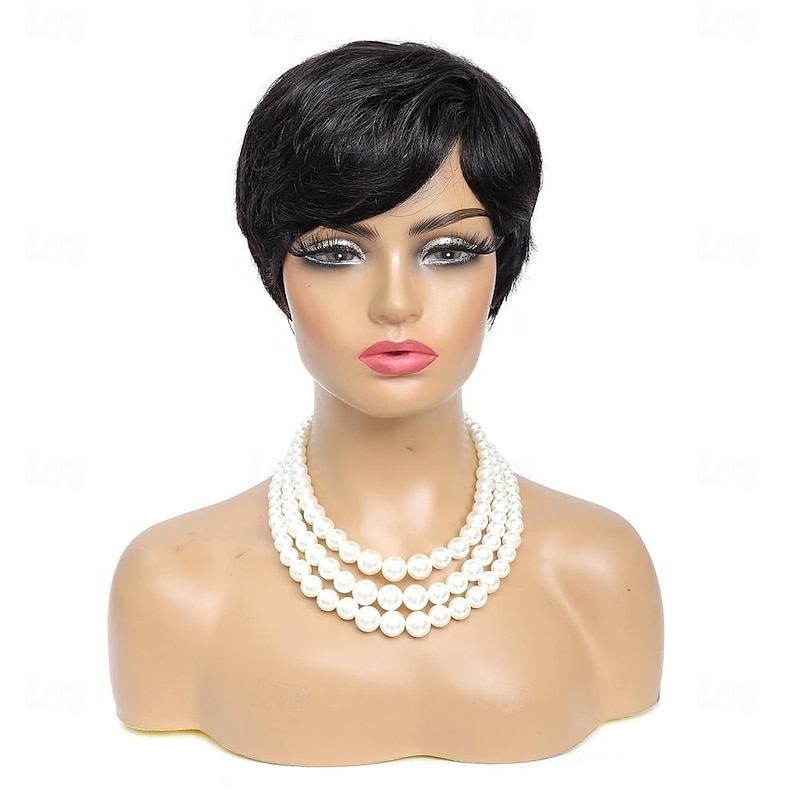 Pixie Cut Wig for Black Women Short Human Hair Wigs None Lace Front Wig Short Layered Wigs with Bangs for Daily Wear Natural Color2