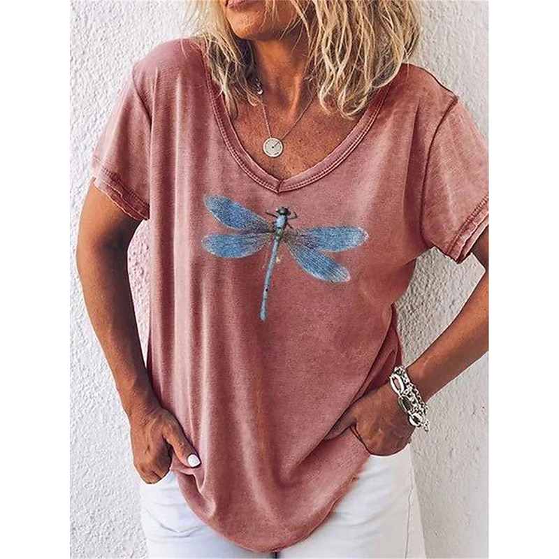 Women's T Shirt Dragonfly Fashion Modern Casual Short Sleeve V Neck Regular Tops Daily Weekend Print Red Blue Gray Summer