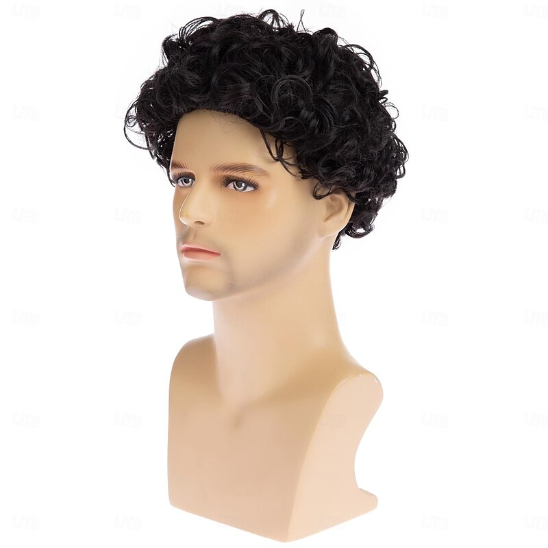 Mens Wig Short Curly Wig Synthetic Afro Halloween Costume Cosplay Wigs with Wig Cap for Male4