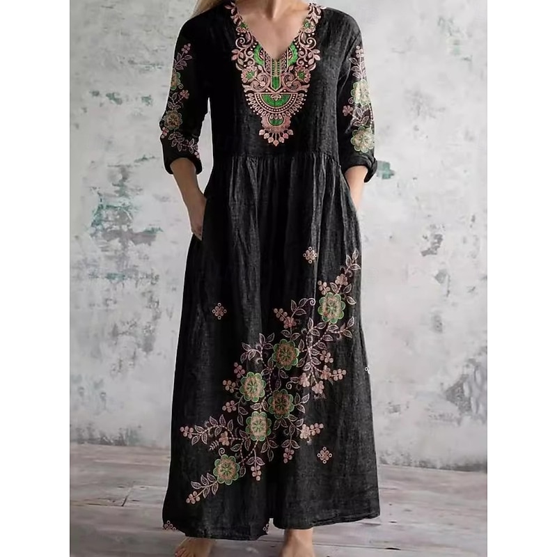 Women's Maxi Dress Casual Dress Swing Dress Boho Dress Casual Daily Regular Fit Floral Long Sleeve V Neck Black Blue Khaki Summer Spring Fall