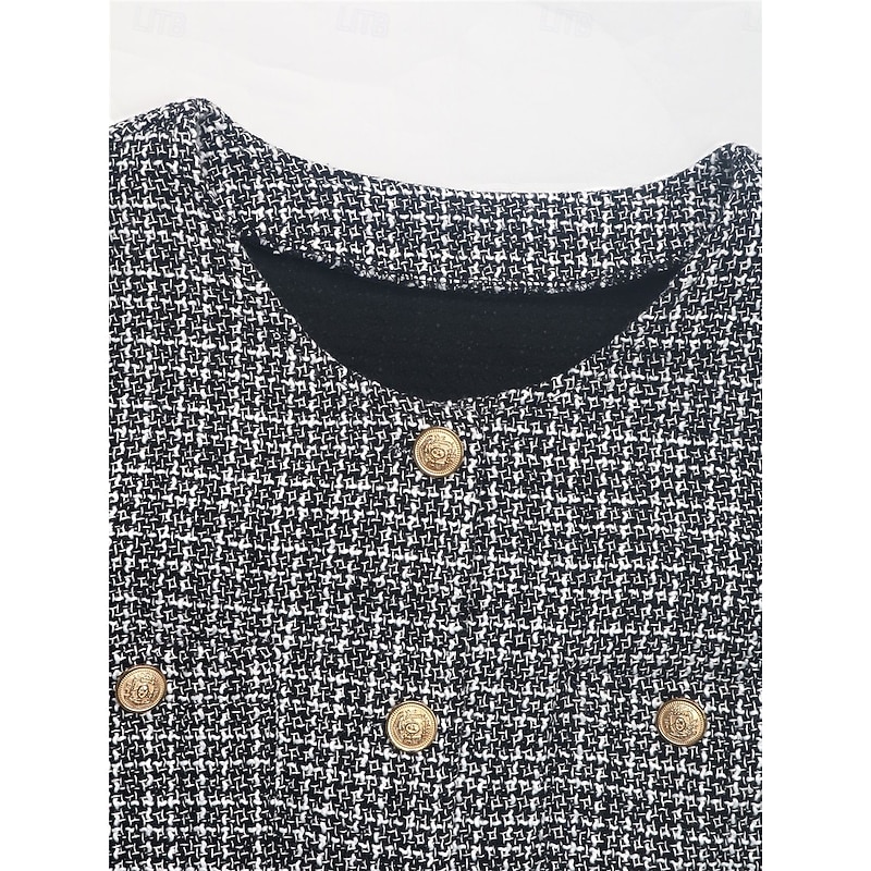 Women's Casual Jacket Warm Breathable Buttons Casual Plaid Vacation Street Daily Wear Going out Single Breasted Short Crewneck Regular Fit Long Sleeve Outerwear Black Fall Winter4