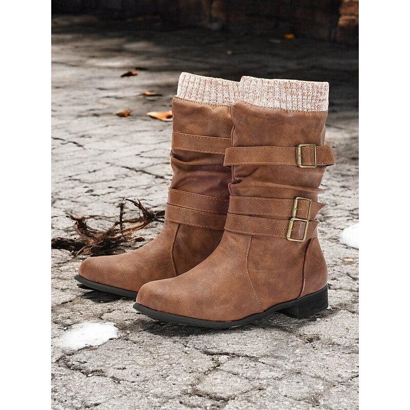 Women's Faux Leather Mid-Calf Boots with Knit Cuff and Double Buckle Straps – Cozy and Stylish Winter Footwear3