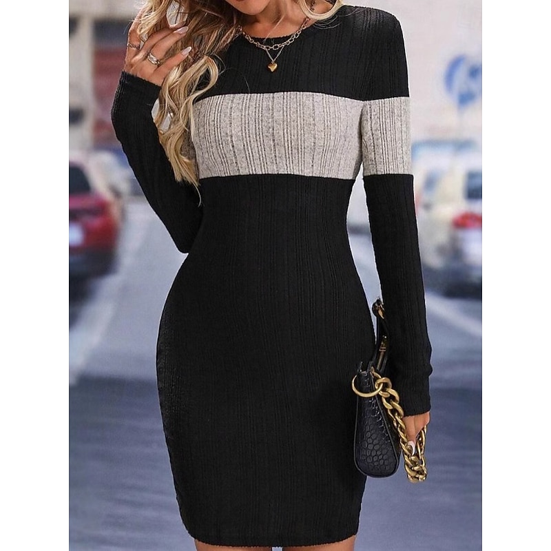 Women's Knit Dress Mini Dress Patchwork Ribbed Casual Formal Crew Neck Long Sleeve Black Color3