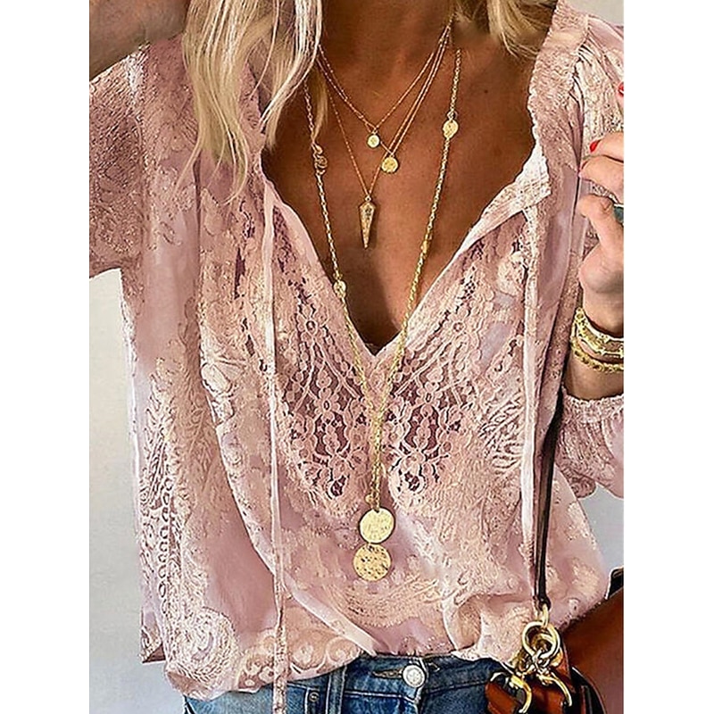 Women's Shirt Boho Shirt Blouse Solid Color Basic Casual Long Sleeve V Neck Regular Tops Daily Lace Patchwork White Pink Khaki Fall Winter2