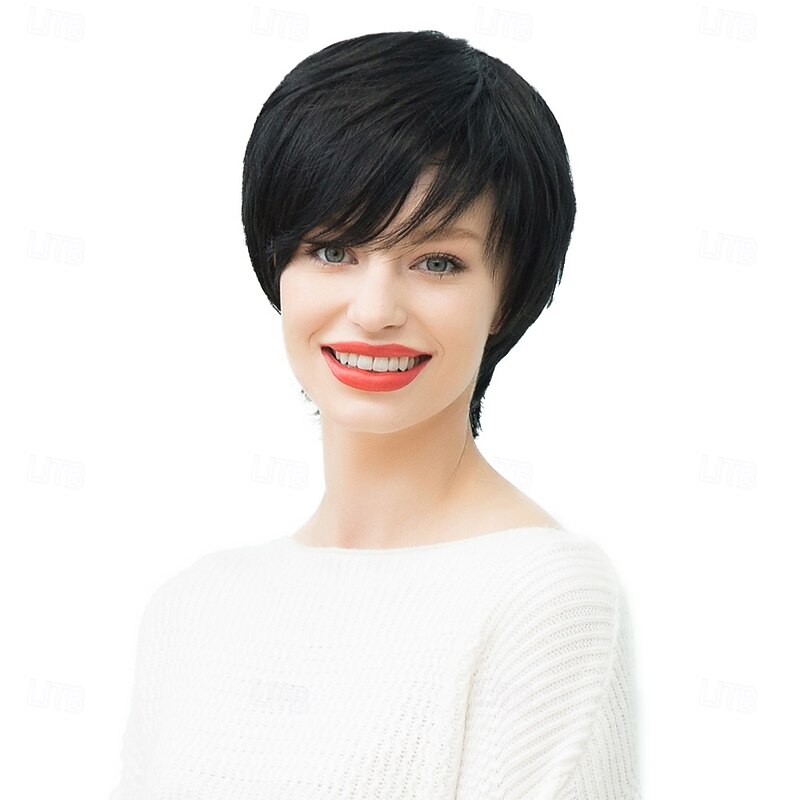 Human Hair Blend Wig Short Straight Natural Straight Bob Pixie Cut Side Part Layered Haircut Black Cosplay Curler & straightener Natural Hairline Capless Burmese Hair Women's All Black 10 inch4