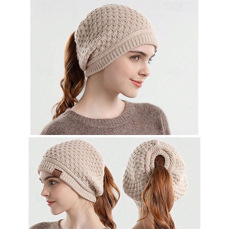 Women's Knitted Ponytail Beanie – Cozy Winter Hat with Hole for Ponytail, Soft and Stretchy Design for Cold Weather3