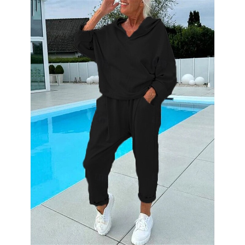 Women's Loungewear Set Hoodie Joggers Cream Solid Color Casual Comfortable Home Wear V-neck Long Sleeve Elastic Waist Full Size All-season Fashion Apparel Fall Winter2