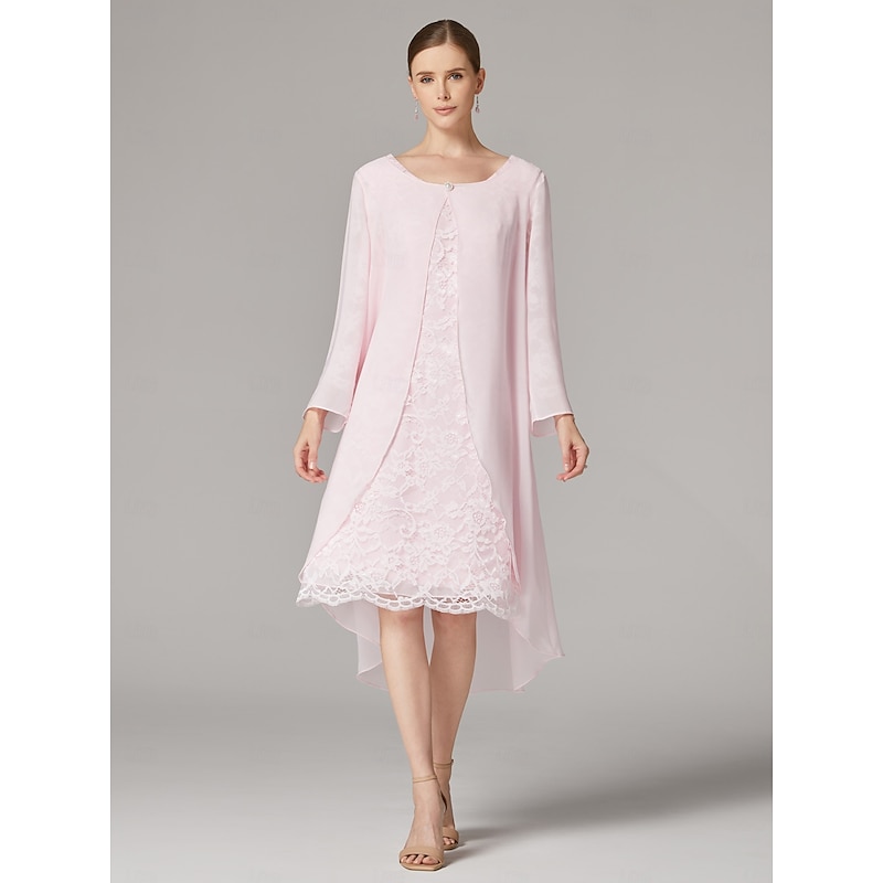 Two Piece A-Line Dress Beach Wedding Suit Mother of the Bride Dress Elegant Plus Size Jewel Neck Tea Length Chiffon Lace Short Sleeve Jacket Dresses with Solid Color