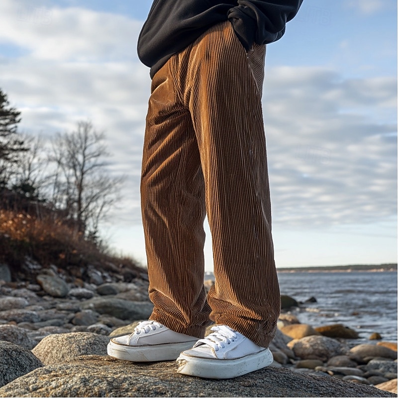 Men's Corduroy Pants Trousers Casual Pants Drawstring Elastic Waist Straight Leg Plain Comfort Warm Full Length Outdoor Casual Daily Sports Fashion Dark Brown Black