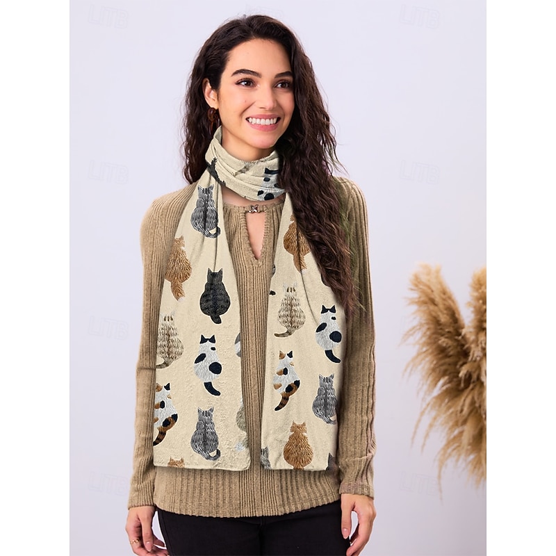 Women's Cute Cat Patterned Beige Scarf – Cozy and Stylish Winter Accessory