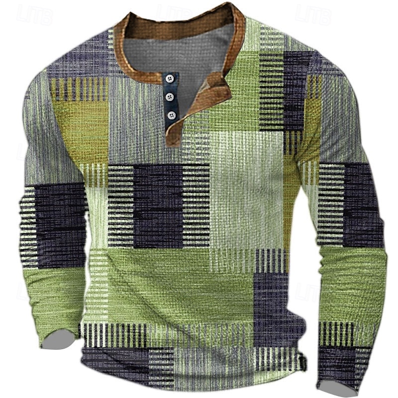 Men's Graphic Color Block Waffle Henley Shirt Casual Style Classic Style Long Sleeve 3D Print Fashion Designer Basic Outdoor Daily Spring &  Fall Blue Brown Green Gray Henley Henley T-Shirt3