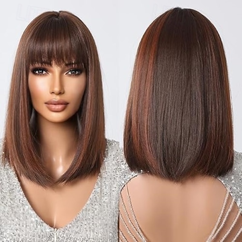 Bob Wig with Bangs Shoulder Length Synthetic Wig for Women Heat Resistant Fiber2